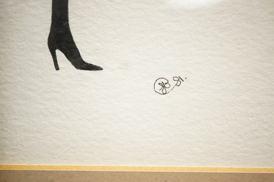 Art Deco style, fashion illustration and bar scene, one monogrammed and dated ‘81, two pen and inks, largest 34 x 45cm